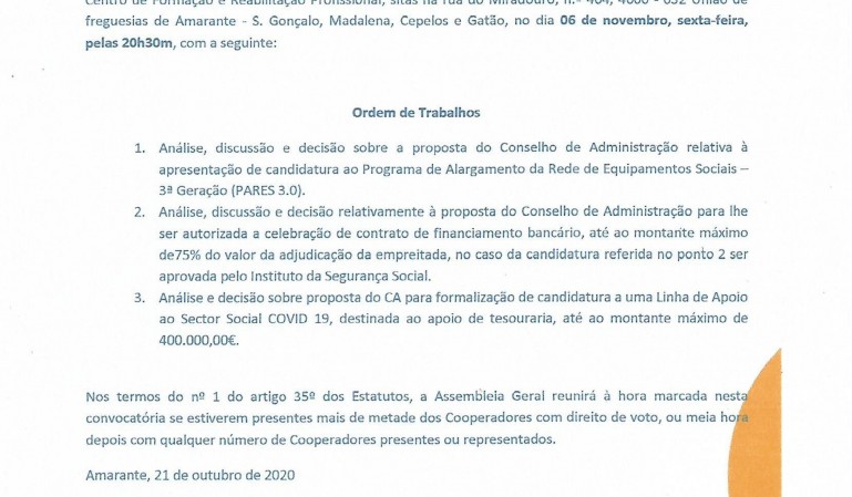 Convocatória para a Assembleia Geral Extraordinária da Cercimarante.